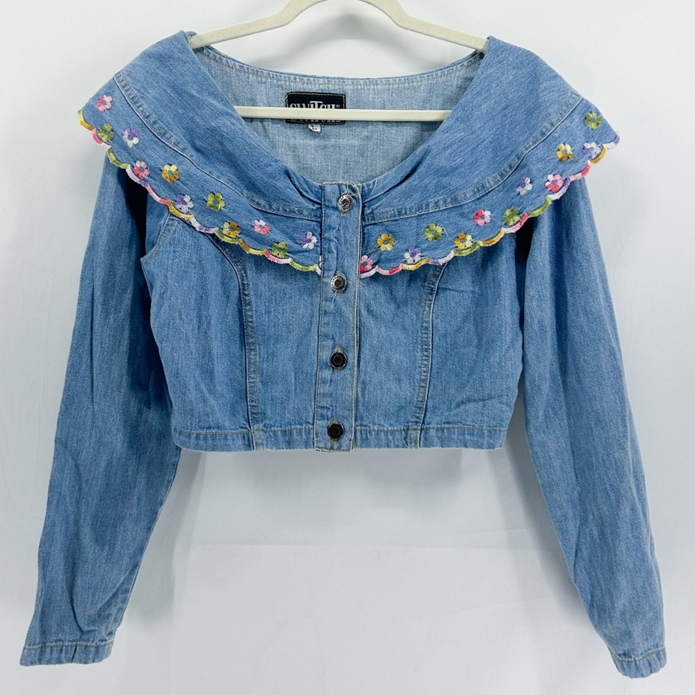 Vintage Switch Denim Floral Embroidered Peter Pan Collar Crop Top Large